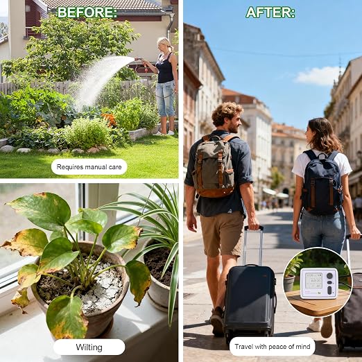 BZONE Dual Channel Automatic Watering System, Timer Drip Irrigation Kit for 20 Potted Plants, with Adjustable Programs & 3 Power Levels, 20 Emitters, 15M Hose for Indoor Garden