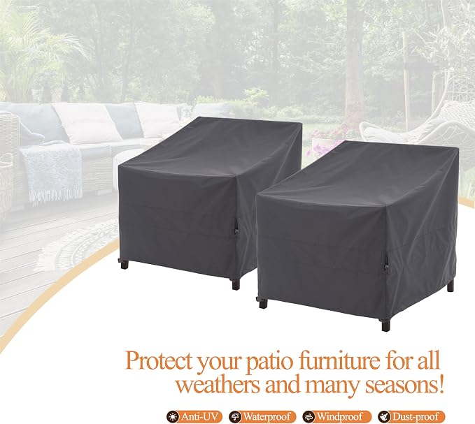 WJ-X3 Patio Chair Cover, Outdoor Lounge Cover, Heavy Duty, Waterproof Lawn Patio Chair Covers, 33W x 35D x 36H, Grey, 2-Pack
