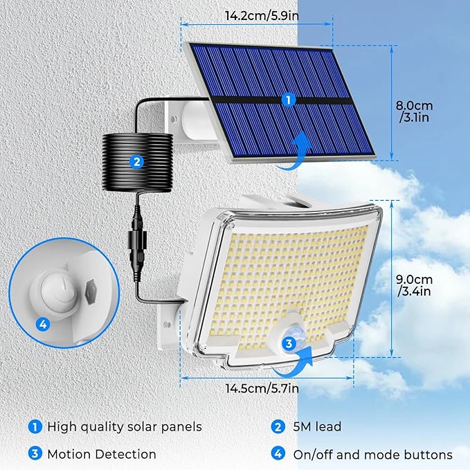 Peasur 1 Pack Solar Motion Lights Outdoor, 318 LED Solar Security Light with 3 Modes, IP65 Waterproof Powered Flood Lights for Outside Garage Yard, (Cool Light, White Frame)