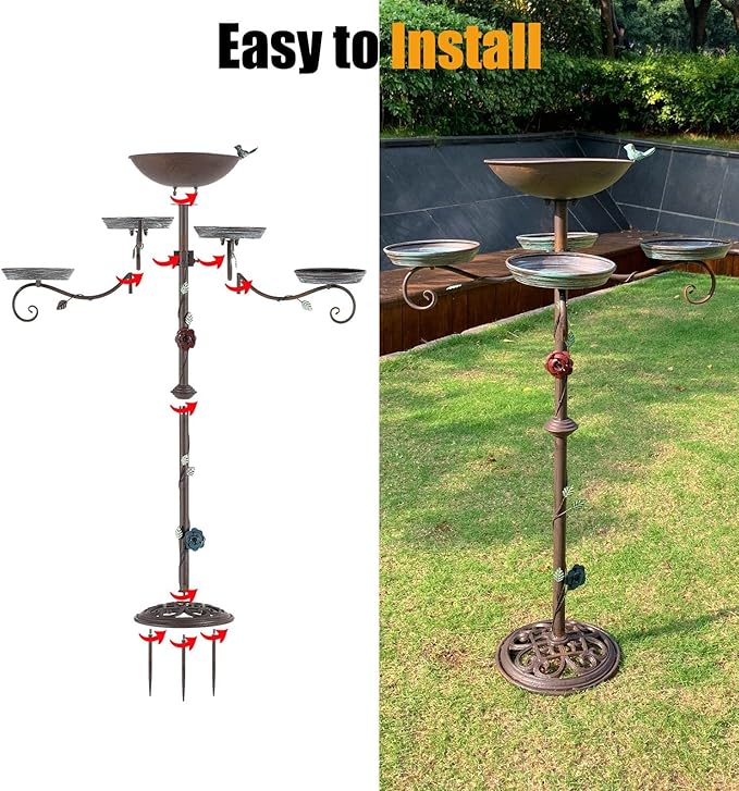 46”H Bird Bath and Feeder for Outdoors - Metal 5-in-1 Freestanding Bird Feeder for Outside, Cast Iron Pedestal 3 Prong Stake for Garden Patio Yard