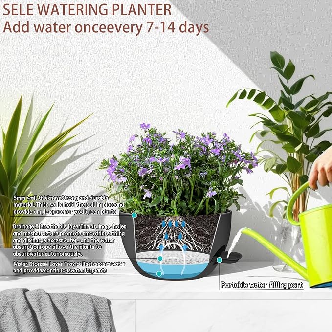 12" Self Watering Hanging Planters with Chains, Black, 2 Pack | 43 Oz removable self-watering reservoir, for indoor/outdoor plants, patio & garden
