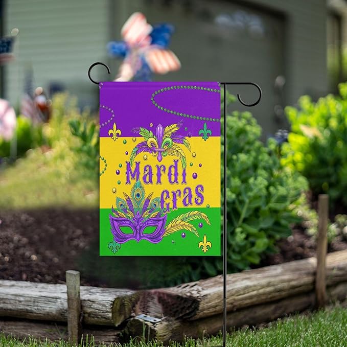 Mardi Gras Masquerade Mask House Flag 28x40 Inch Double Sided Outside Fleur de Lis New Orleans Carnival Yard Outdoor Flag Banner for Garden Lawn Patio Holiday Decorations