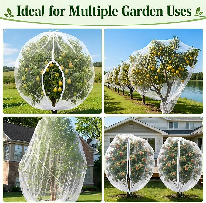3 Pack 10 x 10 ft Large Fruit Tree Netting Covers with Zipper & Drawstring, Extra Fine Mesh Garden Netting for Blueberry Peach Apple Trees, Protects Fruit from Birds, Squirrels, Deer, Cicadas, Beetles