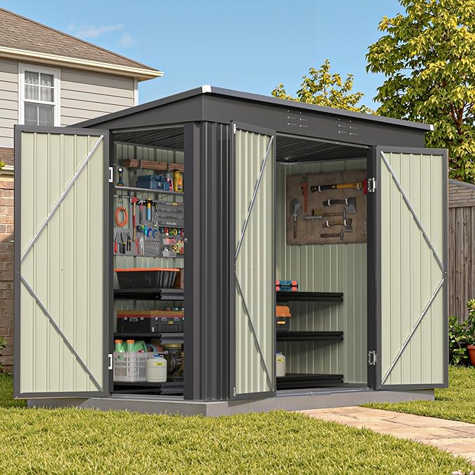 Patiowell 8x4 FT Outdoor Storage Shed, Heavy Duty Tool Metal Sheds with 3 Lockable Doors and Updated Frame Structure for Garden, Backyard, Patio, and Utility Storage, Black
