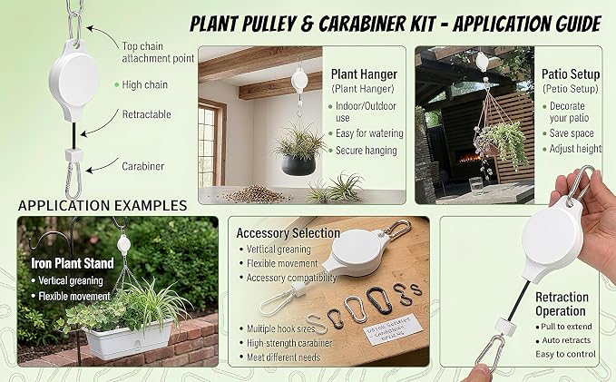 Retractable Plant Hanger with Pulley System, Effortless Raising and Lowering for Indoor and Outdoor Plants, Hanging Planters, Garden Pots & Bird Feeders (4-Pack,White)