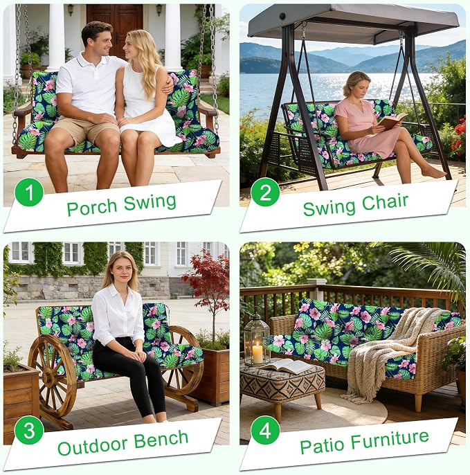 Porch Swing Cushions 40 inch Waterproof & Fade Resistant Thicken 5" Outdoor Swing Cushions 2 Seater Replacement with Backrest & Ties Patio Swing Cushions for Outdoor Furniture (Green Leaves)