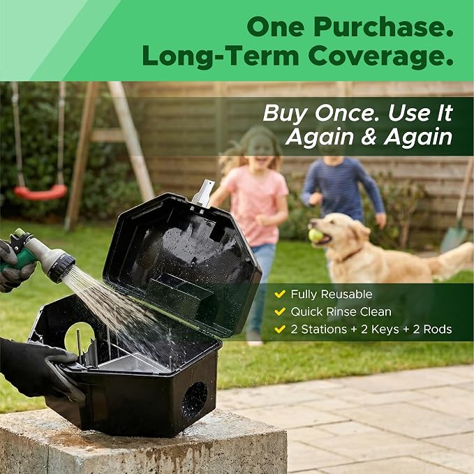 Mouse Bait Station 2 Pack Large Size, Tamper-Resistant Lockable Bait Boxes Indoor Outdoor, Large Rodent Bait Box with Key, Reusable Weather-Resistant Pest Control