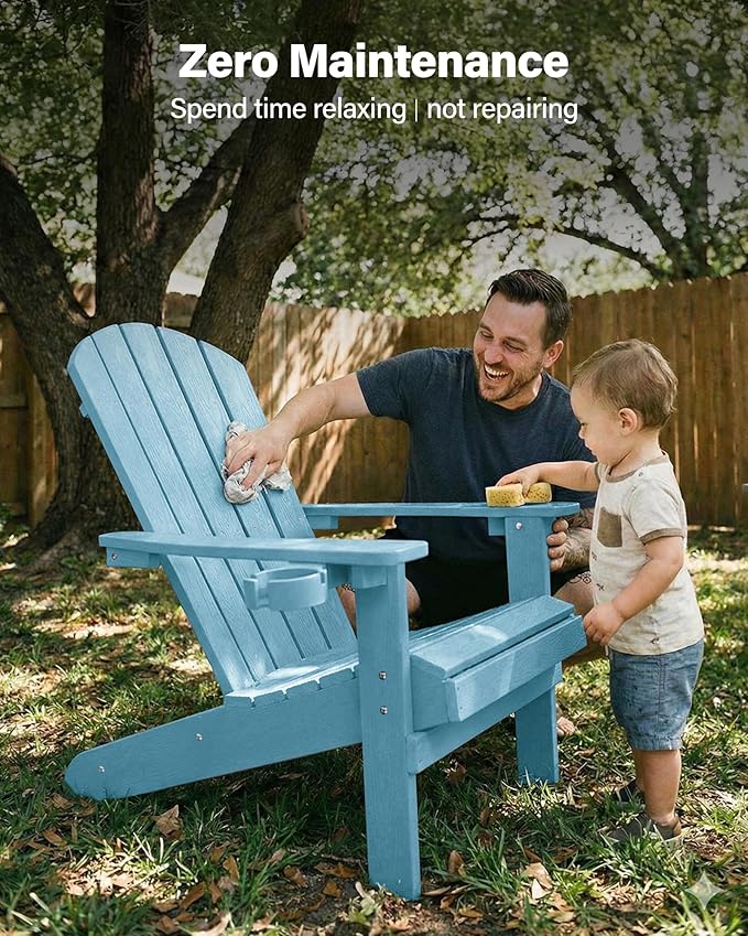 YEFU Adirondack Chairs Set of 4: Outdoor Chair HIPS Plastic Adirondack Chairs - Patio Chairs with Cup Holder & Wood Texture - Lawn Fire Pit Deck Porch Garden Chairs for Adults (Blue)