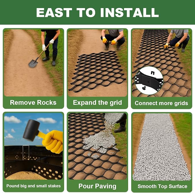 Gravel Grid 3'' Depth with Metal Stakes, 6.6x33 FT Geogrid for Gravel Driveway 2200 lbs per Sq FT Erosion Control Ground Grid Gravel Stabilizer Grid for Driveway, Parking Lot, Slope, Walkway, Patio