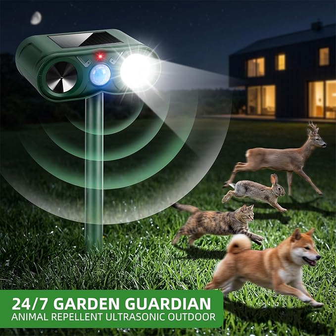 4 Pack Sonic Fortress Pro Deer Repellent -Solar Animal Repeller for Garden USB Cat Repeller Outdoor with Light to Scare Fox Skunk Rabbit Deterrent for Yard