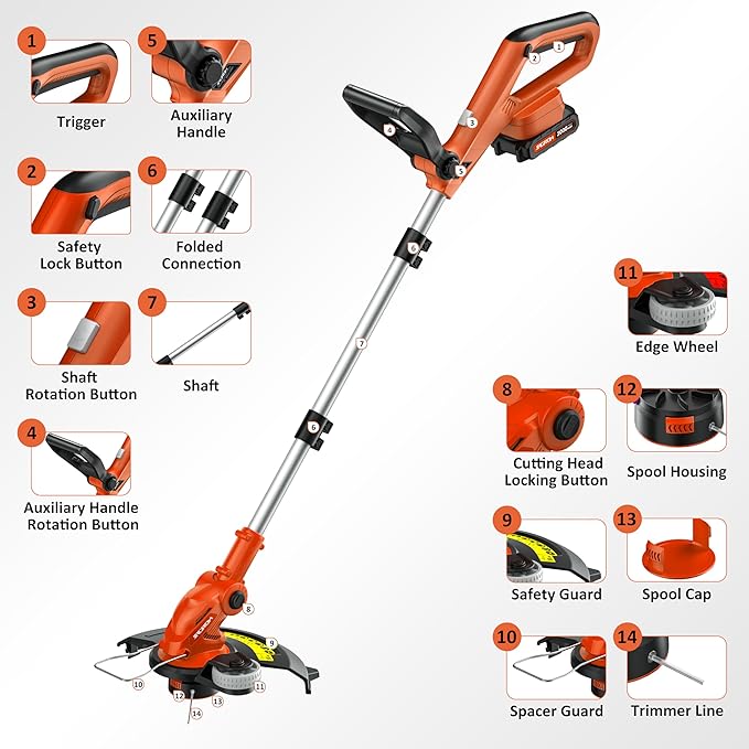JAGROM Electric String Trimmer Cordless with 2x2.0Ah Battery, 20V Battery Powered 12-inch Lawn Mover & Edger Lawn Tool with Charger, Powered Grass Trimmer with 8pcs Spool Line for Yard, Garden, Orange