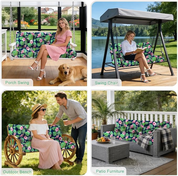 Porch Swing Cushions Outdoor 70 inch x 40 Waterproof Swing Cushions 3 Seater Replacement with Backrest & 8 Ties 5" Thick Bench Swing Cushions for Outdoor Furniture Patio(Green Leaves)