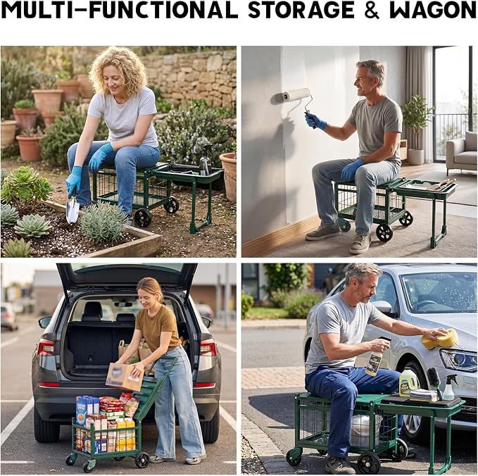 Rolling Garden Work Seat with Wheels, Heavy Duty Gardening Cart with Seat, Garden Stools for Seniors, Outdoor Wagon on Wheels for Lawn, Patio, and Backyard