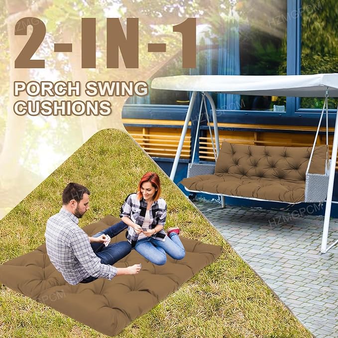 Extra Thick 5" Waterproof Porch Swing Cushions Outdoor 60 inch Swing Cushions 3 Seater Replacement with Backrest and Ties for Outdoor Furniture Patio Bench Garden (Brown)