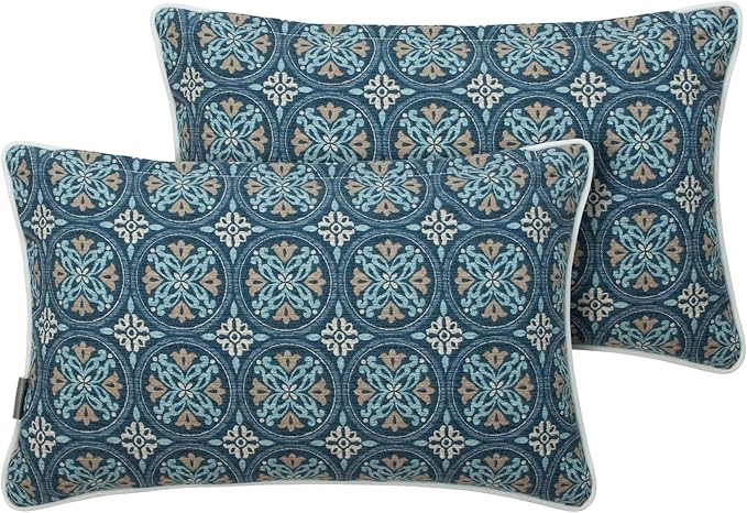 Magpie Fabrics Pack of 2 Outdoor Waterproof Lumbar Rectangular Throw Pillow with Insert, Home Decorative Toss Pillows All Weather Cushion for Patio Garden Car Office (12x20 Inch, Morgan Medal Print)
