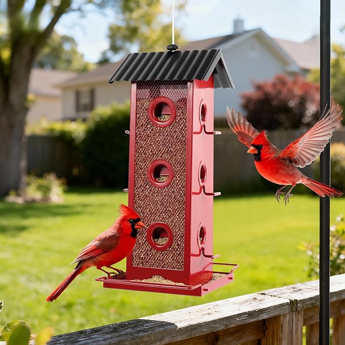 All Metal Bird Feeder for Outdoors Hanging | 14-Port Multi-Bird Viewing | Rust-Proof, Waterproof & Easy-Clean | Attracts Cardinals, Finches, Chickadees & More (Elegant Red & Black)