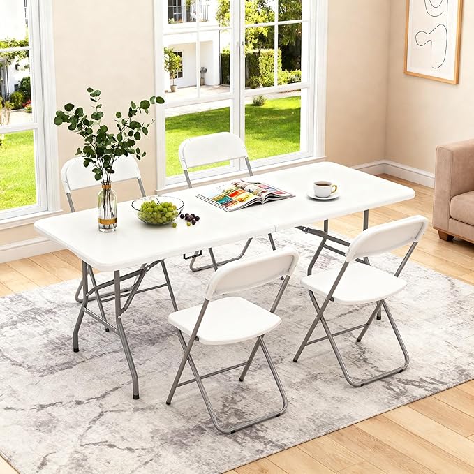 BestOffice 6 FT Picnic Table, Portable Plastic Folding Table with Carrying Handle Perfect for Picnics, Parties, Party and Camping, White