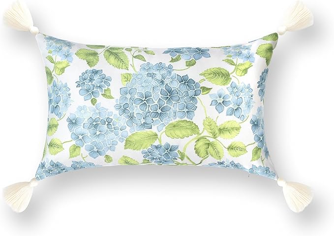 Hofdeco Premium Coastal Patio Indoor Outdoor Lumbar Pillow Cover Only, 12"x20" Water Repellent for Backyard, Couch, Baby Blue Green Print Sketch Hydrangea Flower