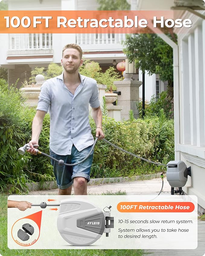 Ayleid Retractable Garden Hose Reel,1/2 in x 100 ft Wall Mounted Hose Reel, with 9- Function Sprayer Nozzle, Any Length Lock/Slow Return System/Wall Mounted/180°Swivel Bracket (Gray)