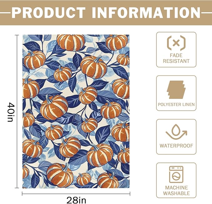 Blue Burnt Orange Fall House Flag 28x40 Inch Autumn Pumpkin Leaf Harvest Theme Thanksgiving Decorative Garden Flags for Outside Double Sided Outdoor Home Farmhouse Decoration Yard Porch Decor