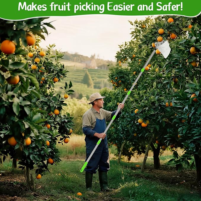 BURMONG 6.6 FT Fruit Picker Tool with Stainless Steel Pole & Soft Cloth Basket – Lightweight Tree Fruit Harvester for Apple, Mango, Orange, Pear, Lemon, Plum & More – Rust-Resistant, Easy Assembly