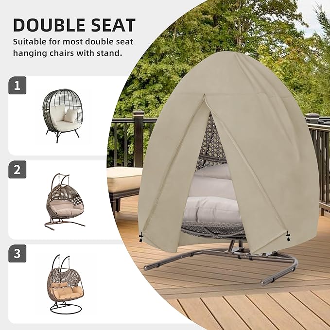 Easy-Going Patio Hanging Egg Chair Cover, UV Resistant Waterproof Outdoor Double Seat Swing Chair Cover with Zipper, Camel