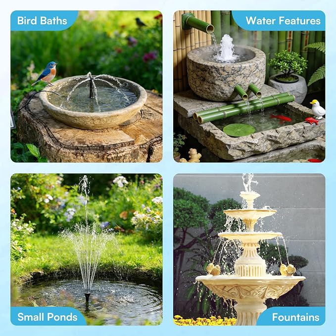 NFESOLAR 6.5W Solar Fountain Pump for Bird Bath, Solar Water Fountain with Dry-run Protection Water Pump, 8 Nozzles Modes, 5Ft Tubing for Pond, Bird Bath, Backyard DIY Water Feature Used