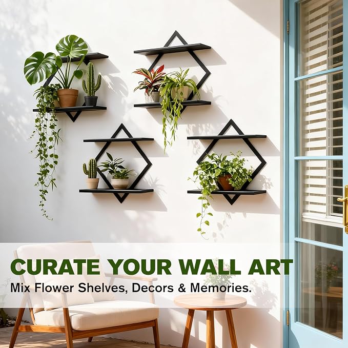 2 Pack Wall Planters for Indoor Plants, Black | 2-Tier Floating Wall Shelves, Wall Mounted Plant Holder Stand, For Bathroom Living Room Bedroom Kitchen Office