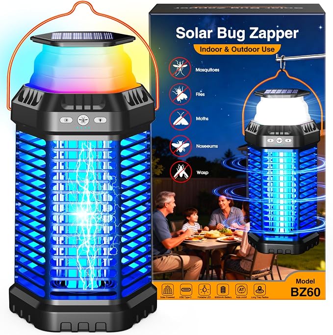 Foldable Solar Bug Zapper Outdoor – Portable 4500V Mosquito Zapper with 12H Battery, USB & Solar Charging, IP66 Waterproof, Ideal for Camping, Patio, Backyard, Indoor & Outdoor Use