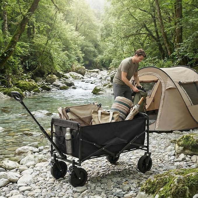 DUMOS Collapsible Wagon Cart, Heavy Duty Foldable Utility Wagon with Lockable Brake Wheels – 330 lbs Capacity, Flexible Handle for Beach, Garden, Sports, Grocery & Camping, Black