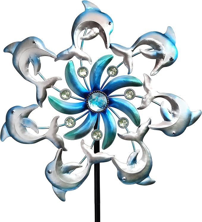 COOZZYHOUR 39" Dolphin Wind Spinners Metal Windmill Garden Stake,Ocean Theme Outdoor Wind Spinner,Wind Sculptures Yard Art Decorations for Patio,Lawn & Garden Decor