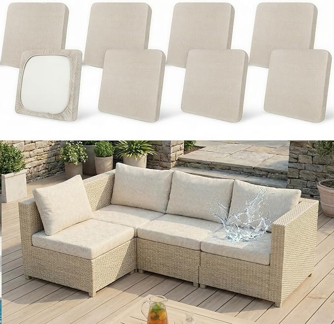 8 Pack Outdoor Cushion Covers Water Resistant High Stretch Fit Patio Cushion Covers 180g Couch Seat Slipcovers Machine Washable Pet & Kids Friendly Home Refresh 20-27 Inch, Beige