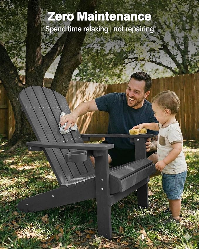 YEFU Adirondack Chairs Set of 4: Outdoor Chair HIPS Plastic Adirondack Chairs - Patio Chairs with Wood Texture - Lawn Fire Pit Deck Porch Garden Chairs for Adults (Dark Grey)