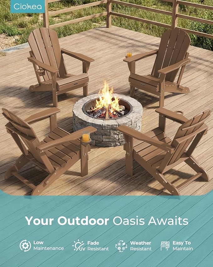 Ciokea Folding Adirondack Chair 6 Pack, Patio Adirondack Chair Weather Resistant, Plastic Fire Pit Chair with Cup Holder, Lawn Chair for Outdoor Porch Garden Backyard Deck (Teak)