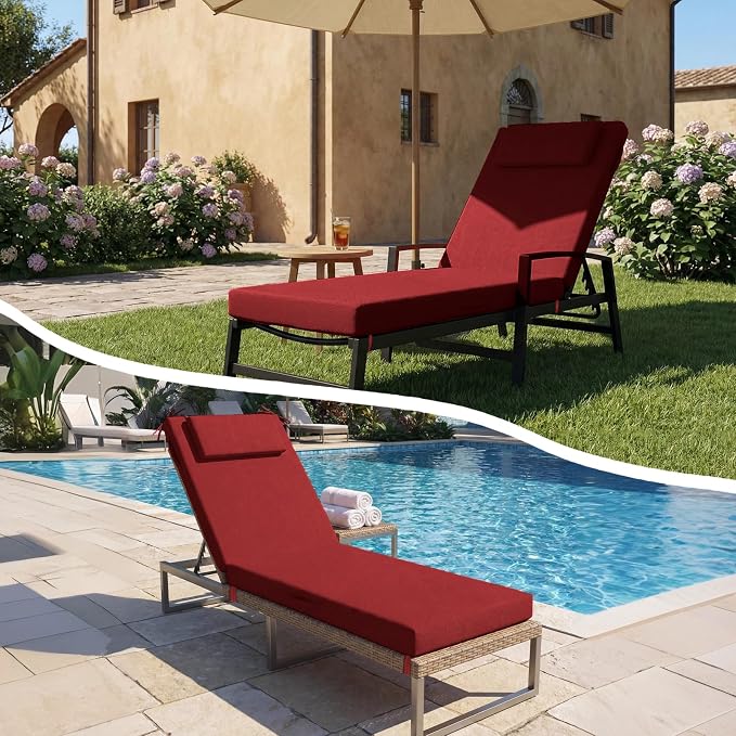 Outdoor Chaise Lounge Cushions, 72x21 Inch Olefin Water & Fade Resistant Pool Lounge Chair Cushions, Patio Sun Lounger Pad with Pillow & Straps for Patio, Pool, Deck, Lawn, Wine Red
