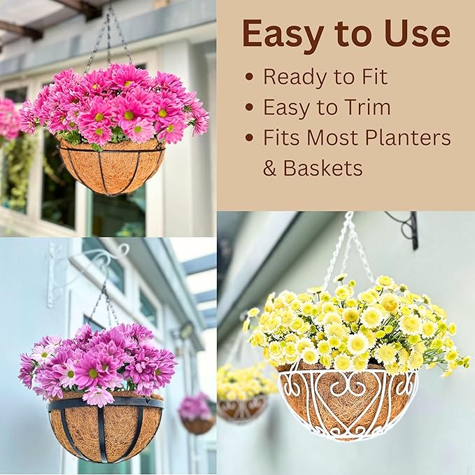 LaLaGreen Bundle- 2 Pack, 12 Inch Hanging Basket with Coco Liner + 4 Pack, 12 Inch Round Coco Liner Flat Metal Iron Plants Flower Holder Hanger Hook Chain Balcony Porch Deck Outdoor Home Garden Decor
