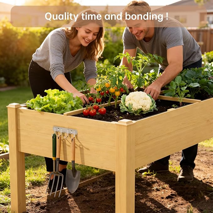 Acenova Raised Garden Bed Outdoor, 48 x 24 x 30 Inch Elevated Wooden Garden Bed with Legs and Liner, Raised Beds for Gardening with Grow Bag and Tool Hook, Planter Box for Patio Backyard Balcony