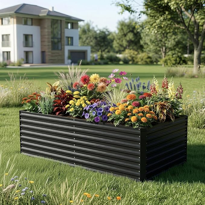 DTIG Galvanized Raised Garden Bed for Vegetables Flowers Herbs, Tall Metal Raised Garden Bed Kit with Garden Tools, Gloves, Plant Labels, Black 6×3×2FT