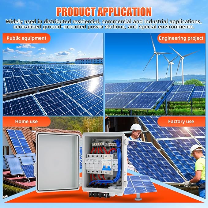 4 String Solar Combiner Box, IP65 Waterproof PV Combiner Box with 20A Rated Current Fuse, 63A Air Circuit Breaker,Lightning Arrester for On/Off Grid Solar Panel System