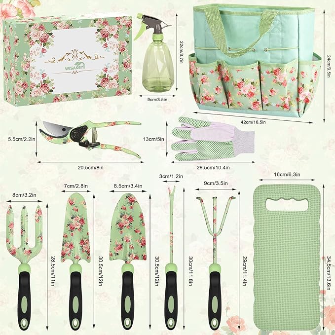 Gardening Tools, WisaKey 10 Piece Heavy Duty Garden Tools Set with Handle, Durable Fashion Garden Organizer Handbag, Ideal Gardening White Elephant Gifts Gift for Woman