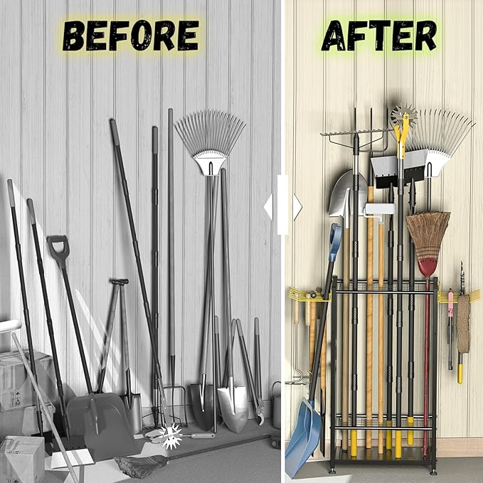 Garden Tool Organizer, Up 48 Long Handle Tool, Garage Storage and Organization with Side Hook for Broom/Rake/Shovel/T-Handle Tool, Heavy Duty Steel Outdoor Tool Rack,Yard Tool Stand for Shed