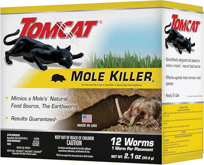 Tomcat Mole Killer(a) - Mimics Natural Food Source, Kills with a Single Feeding, Mole Killer for Lawns and Yards, 12 Worm Baits