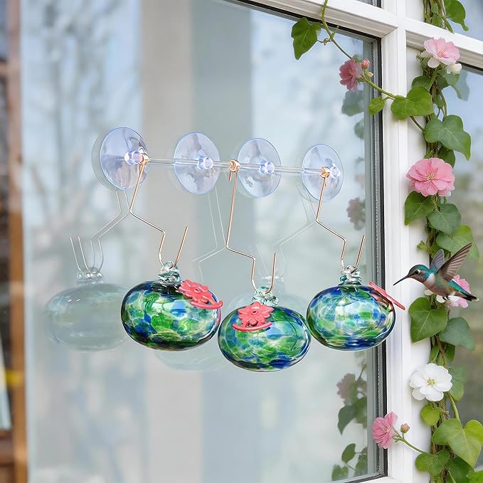 QFkris Set of 3 Blown Glass Hummingbird Feeder with Suction Cups for Window, Small Hummingbird Feeder with Flower Feeding Ports for Outside Garden Backyard Decor, Gifts for Women Mom(Green)