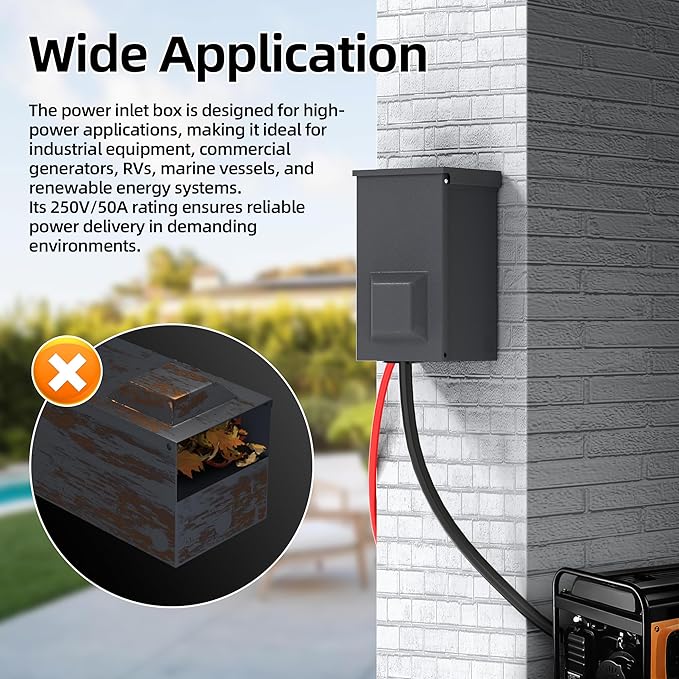 Joinfworld 50 Amp Generator Inlet Box, NEMA SS2-50P 125/250V 12500W Weatherproof Outdoor Receptacle, Emergency-Ready Industrial Grade