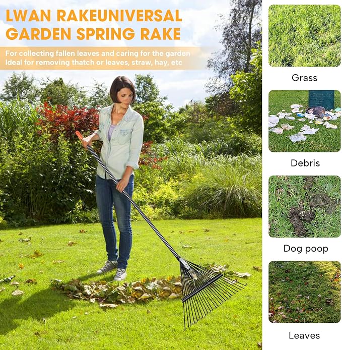 42 HRC Steel Gardening Leaf Rake, 24 Tines 23.2" Wide,Adjustable Split Long Handle 33-67",Suitable for Raking Leaves and Lawn Tidying,Garden rake and thatch rake Suitable for Adults(2 Pack