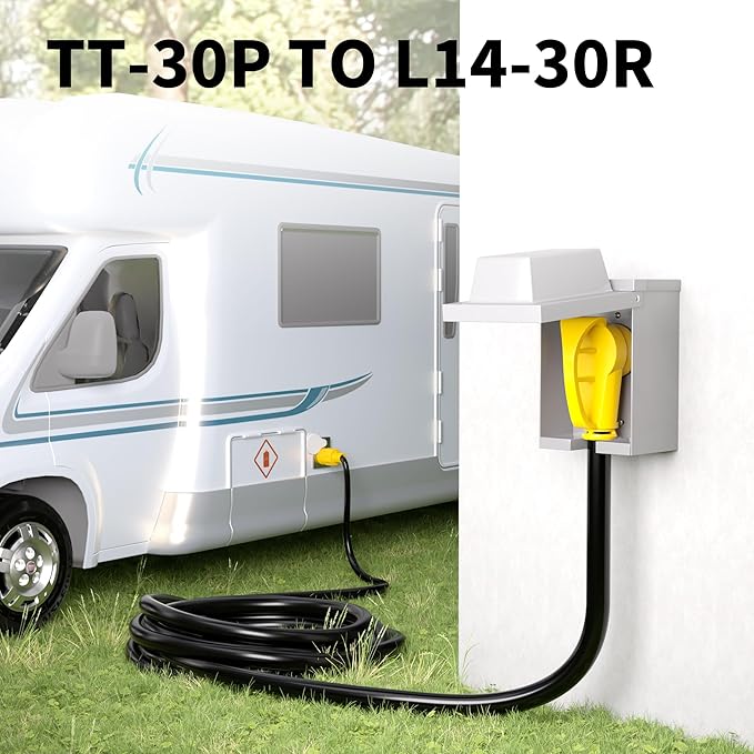 POWGRN 10 FT RV Power Cord 30 Amp Extension Cord, 4 Prong to 3 Prong Adapter Generator Extension Cord, 30 Amp RV Adapter, NEMA TT-30P to NEMA L14-30R, 10AWG STW 30A 125V 3750W, Yellow, ETL Listed