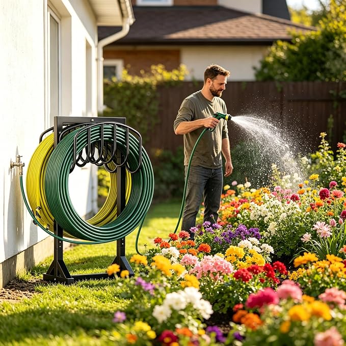 HeroicLion Garden Hose Holder Holds 2 x 151FT Hoses, Heavy-Duty Metal Freestanding Hose Stand Hanger with Stable Base, Rustproof Double Water Hose Holders for Outside Yard Lawn Farm, Black