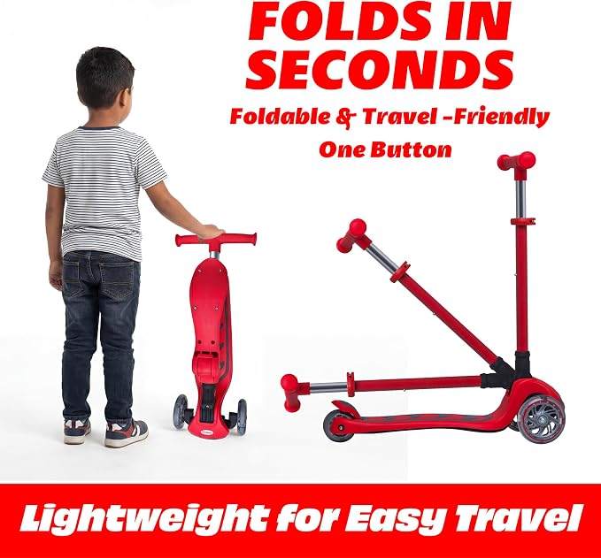 SKIDEE Kick Scooter for Kids Ages 3-5 | Foldable 3 Wheel Scooter with Lean-to-Steer, Adjustable Height, Removable Seat & LED Light Wheels | Toddler Scooter Up to 12 Year Old Boys/Girls