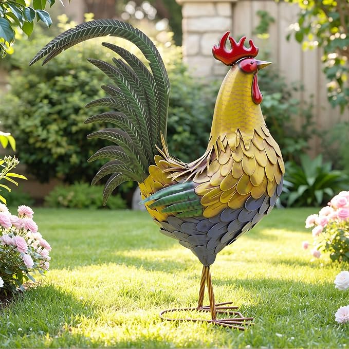 32" Metal Rooster Decor, Large Outdoor Garden Statues, Metal Chicken Sculpture for Backyard Patio Kitchen Decor