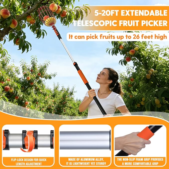 26FT Reach Fruit Picker Pole with Basket Telescoping, Lightweight Aluminum Apple Picker Extension Pole, Fruit Catcher for Trees, for Apple Orange Lemon Mango Avocado Pear Fruit Picking